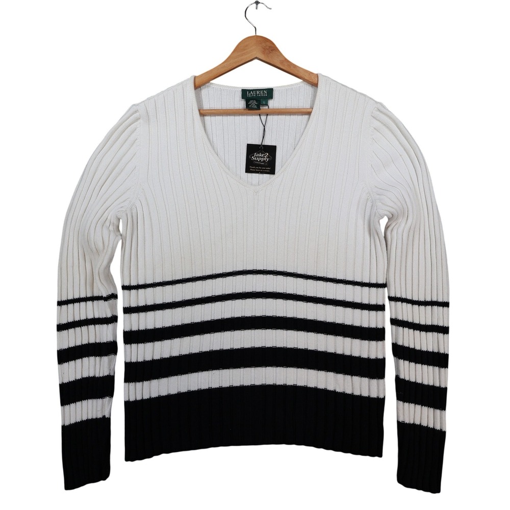 Lauren Ralph Lauren Sweater Womens L White Cotton Ribbed V-Neck Striped Nautical